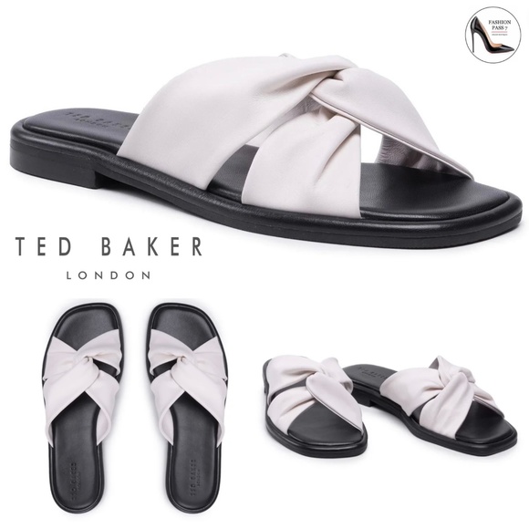 TED BAKER Pebba Twisted-knot White Leather Slide Sandals Flat Mules 39 8.5 - Picture 1 of 13